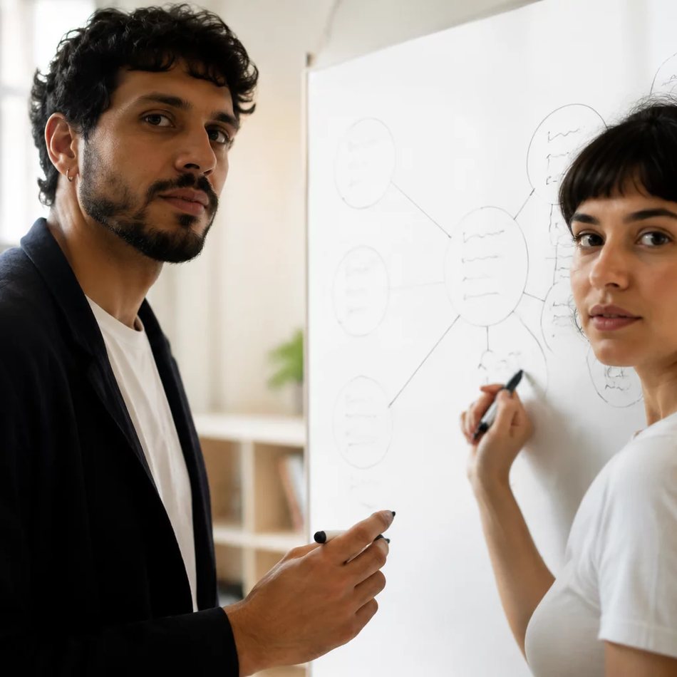 Duas participantes de pé junto ao quadro branco, desenhando as partes de um argumento