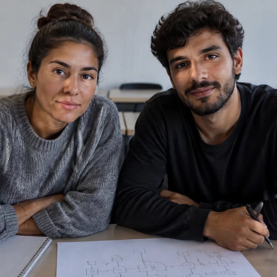 Duas pessoas relendo num tablet as notas da rodada anterior, apoiadas na mesa de madeira